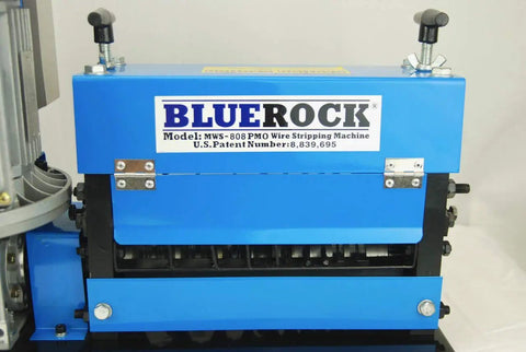 Nine Channel Copper Wire Stripping Machine With 1HP 120V Motor Handles 18 AWG To 1 Inch OD Cables Industrial Grade Steel Frame Patent US8839695B2 Beefy Heavy Duty 125 Lbs Efficient Smooth Cut For Quick Cable Recycling with blue front panel and model label displayed.