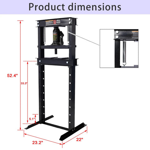 Heavy Duty 12 Ton Hydraulic Shop Press Compact H Frame Bearing Press Machine Garage Auto Repair Bench Mounted Workshop Tool dimensions 52.4 x 23.2 x 22 inches