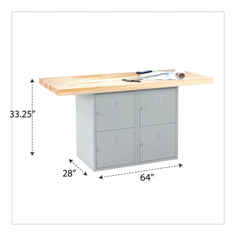 Rock Solid Heavy Gauge Steel Workshop Bench With Four Secured Padlock Lockers And A Thick Hardwood Top, 64 x 28 inches, ideal for garage projects.
