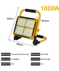 JUDYSSY 1000W Solar Flood Light Portable Led Reflector Spotlight dimensions with specifications for outdoor use.