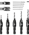 Five Piece Countersink Drill Bit Set Featuring True Eighty Two Degree Angle And One Quarter Inch Hex Shank Plus Matching Wood Plug Cutter Backyard Boss Favorite Rotary Kit for precise wood drilling.