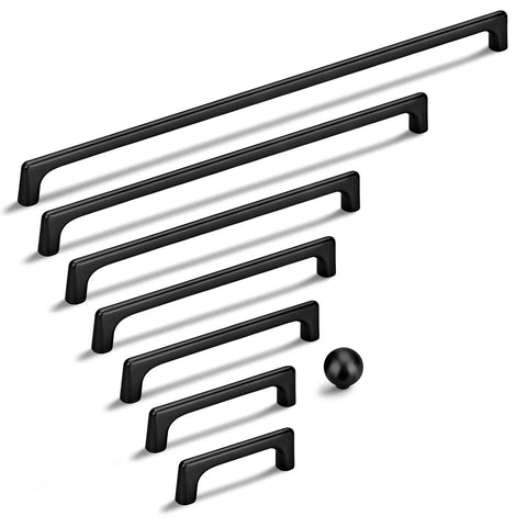 Assorted Matte Black Modern Cabinet Pulls in various sizes and shapes, Zinc Alloy handles, 3 Pack with 3 Inch Hole Center 76mm.