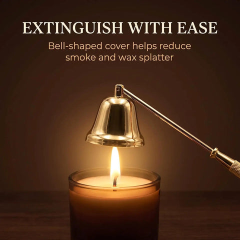 Pretty Slick Gold Metal Candle Snuffer With Extra Long Handle Steady Grip Wick Extinguisher Tool No Burn Drama Heavy Steel Finish Cozy Hearth Decor Perfect Gift For Housewarmers extinguishing fire with bell-shaped cover