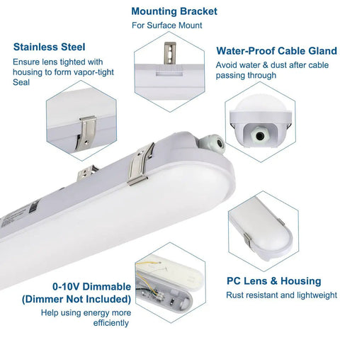 4Ft LED Vapor Tight Light 60W 6600lm Waterproof Outdoor Shop Fixture with mounting bracket and waterproof cable gland