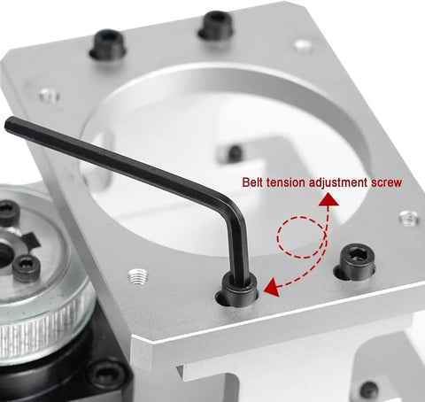 Close-up view of the belt tension adjustment screw on the Superior Hollow Rotary Actuator For 86 Stepper Motor with aluminum body.
