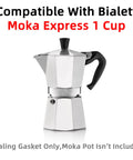 Top Notch Silicone Sealing Gaskets For 1 Cup Moka Express Stovetop Espresso Makers displayed next to moka pot, sealing rings not shown