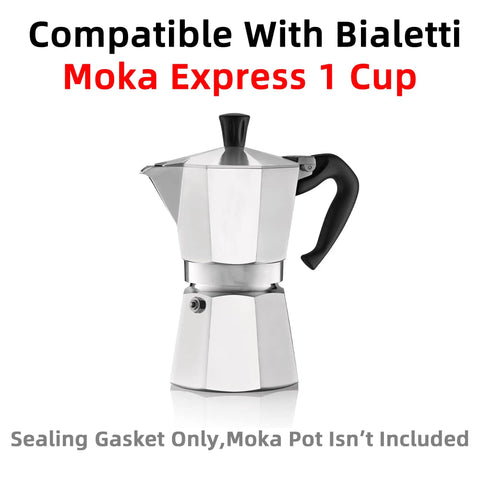 Top Notch Silicone Sealing Gaskets For 1 Cup Moka Express Stovetop Espresso Makers displayed next to moka pot, sealing rings not shown