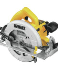 Super Light 15 Amp Corded 7-1/4 Inch Circular Saw With Sweet 53 Degree Bevel Stops And Deep 2 9/16 Inch Cut Built Tough For Heavy Ripping And No Sweat Deck Building Work, side view with blade and base visible.