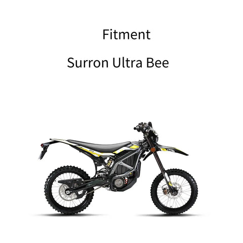 Side view of Surron Ultra Bee electric dirt bike showcasing fitment for Ultra Bee Headlight Cover With Dope Carbon Fiber Look Fender Mud Guard.