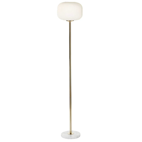 Tall Metal Floor Lamp With Round Ribbed Shade For Living Room featuring a gold stem and marble base, 64 Inch, minimalist modern design. 