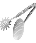 Stainless steel frying tongs with strainer for cooking and serving.