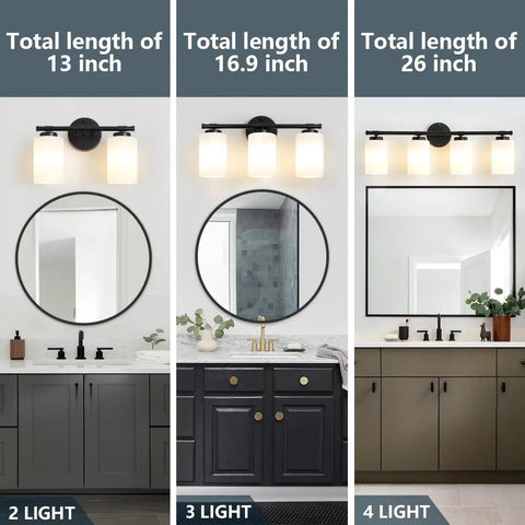 Black 2 Light Vanity Light Over Mirror Wall Sconce With Milky White Frosted Glass Shades, bathroom fixture in three sizes