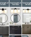 Three Light Matte Black Vanity Lights Over Mirror With Milk White Glass Shades, Modern Bathroom Wall Sconces, 3 sizes
