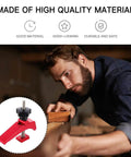 Red Aluminum T Track Hold Down Clamp for Woodworking, heavy duty workholding tool, ergonomic grip, featured beside woodworker in shop.