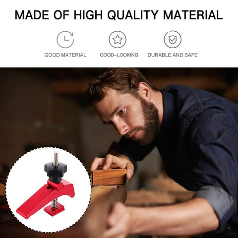 Red Aluminum T Track Hold Down Clamp for Woodworking, heavy duty workholding tool, ergonomic grip, featured beside woodworker in shop.