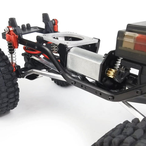 Close-up of Heavy Duty 0.5M Metal Transmission Gear Set with 32T and 8T spur gears installed in 1/24 SCX24 RC car chassis.