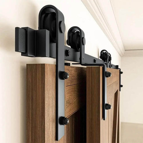 Black Top Mounted Wood Sliding Barn Door Hardware Kit For Double Doors Bypass Closet Track System with Heavy Duty Rollers installed