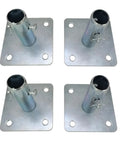 Four Pack Galvanized Scaffold Base Plates With Pins For Baker Style Scaffolding, Heavy Duty Stabilizers That Prevent Shake, 4 3 Fifths Inch Square Base, Stem OD 1 3 Eighth Inch, Stem Length 5 Inch, Fits Tubes Inside Diameter Over 1 3 Eighth Inch. Four galvanized base plates with pins shown from above