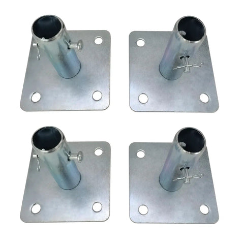 Four Pack Galvanized Scaffold Base Plates With Pins For Baker Style Scaffolding, Heavy Duty Stabilizers That Prevent Shake, 4 3 Fifths Inch Square Base, Stem OD 1 3 Eighth Inch, Stem Length 5 Inch, Fits Tubes Inside Diameter Over 1 3 Eighth Inch. Four galvanized base plates with pins shown from above
