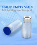 Two 15ml glass vials with sealed caps; upright vial has a metal cap, side vial has a blue cap.
