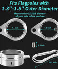 Top Notch 1.5 Inch Flag Pole Rings With Anti Wrap Swivel Clips and 360 Degree Rotating Aluminum Alloy Mounting Hardware For Rad Tangle Free Flag Flying With Rust Resistant Carabiners Two Pack, showing size specifications.