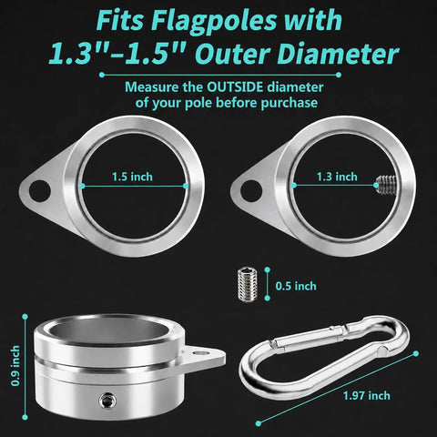 Top Notch 1.5 Inch Flag Pole Rings With Anti Wrap Swivel Clips and 360 Degree Rotating Aluminum Alloy Mounting Hardware For Rad Tangle Free Flag Flying With Rust Resistant Carabiners Two Pack, showing size specifications.