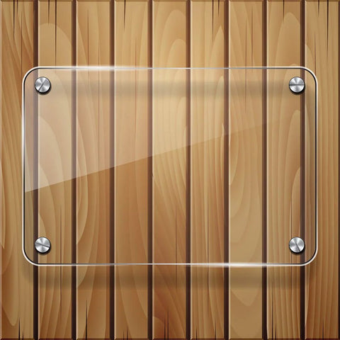 Glass panel mounted with Mirror Screw Decorative Cap Covers 10mm Brushed Stainless Steel Set of 4 on wooden surface.