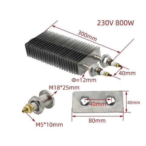 Rock Solid Electric Finned Tubular Heater Delivering Quick Strike Warmup 1500W 230V Power with detailed dimensions and connections.