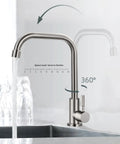 Top Tier Cold Only Kitchen Sink Faucet Single Hole Install Sus 304 Stainless Steel With Brushed Nickel Finish No Sweat 360 Degree swivel spout water delivery.