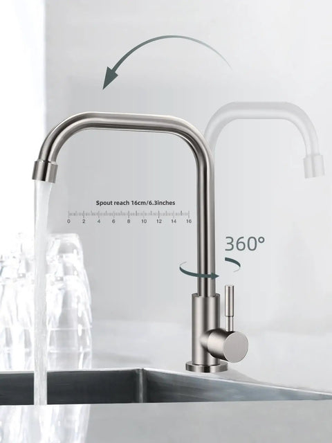 Top Tier Cold Only Kitchen Sink Faucet Single Hole Install Sus 304 Stainless Steel With Brushed Nickel Finish No Sweat 360 Degree swivel spout water delivery.
