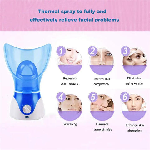 Blue facial steamer for at home spa day with aromatherapy diffuser pro grade nano oxygen ion spray showing benefits and controls.