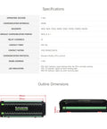 Specifications and dimensions of 32 Channel Modbus RTU Relay Module with RS485 Interface and Isolation Protection Circuits.