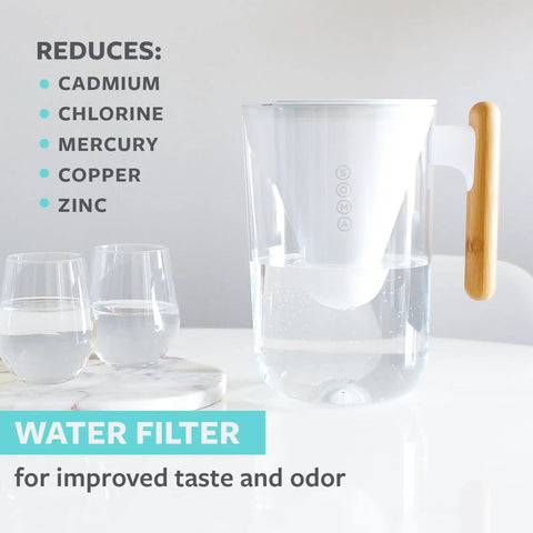 10 Cup Water Filter Pitcher with Bamboo Handle and Coconut Shell Activated Carbon Filter next to glasses, BPA Free Eco Friendly Dispenser