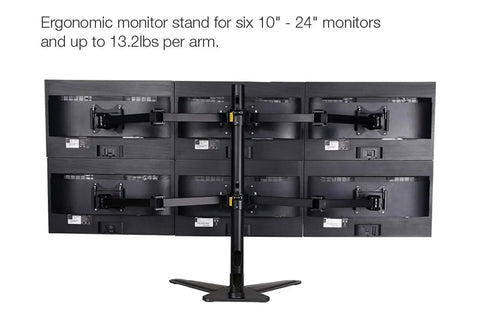 Rock Solid Desktop Monitor Stand With Six Flexible Swivel Arms For Ten To Twenty Seven Inch Lcd Tv Screens Smooth Tilt Rotate, supporting six 10"-24" monitors.