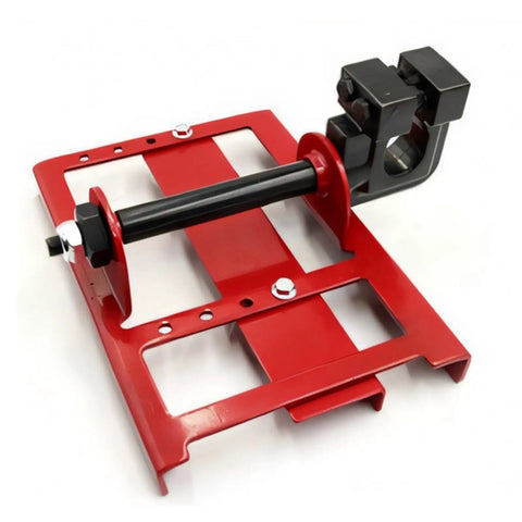 Kickass Portable Chainsaw Mill Guide Rail Positioner featuring heavy duty red steel frame for precise lumber milling setup.