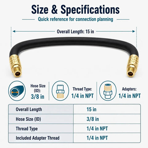 Flexible Air Compressor Whip Hose Kit With Heavy Duty Rubber Hose Compatible With Mac210q showing 15-inch length and 3/8 inch ID specifications.