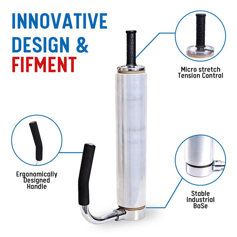 Manual Pallet Stretch Film Dispenser With Built In Cutter And Film Holder Handy Easy Assembly Adjustable For Multiple Roll Sizes Durable Shrink Wrap Tool For Fast Secure Pallet Wrapping chrome-plated steel dispenser with ergonomic handle and stable base