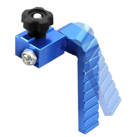 Blue aluminum 2 Pack T Track Flip Stop for 3 Inch Woodworking Fence, adjustable arm, visible knob and bolt detail