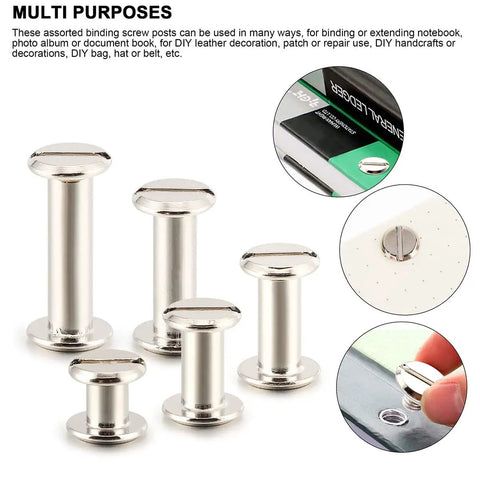 Kickass Chicago Screw Bindings Assortment Kit For Leather Crafting And Bookbinding Projects showing assorted steel screw posts for binding.