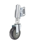 Hella Sturdy 3 Inch Heavy Duty Spring Gate Wheels Featuring Adjustable Shock Absorber Casters For Smooth Operation And Zero Sag On Rough Yards With No Sweat Install mounted on metal bracket.