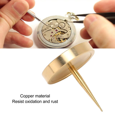 Watch Balance Wheel Bracket Copper Holder For Repairs with sturdy spring support shown in use for watch repair