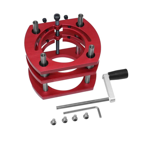 Pro Grade Router Lift And Aluminum Table Insert Plate paired with tools, red aluminum design for precision routing tasks.