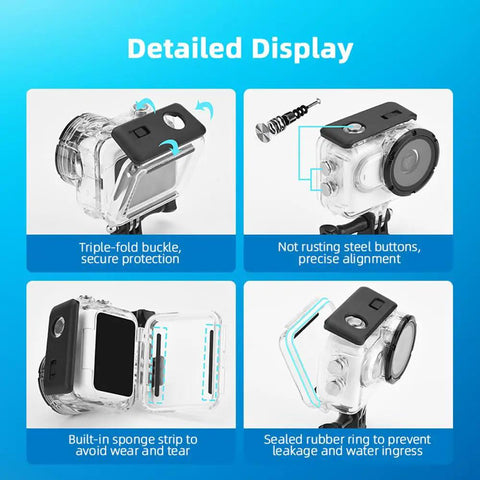 Detailed display of Underwater Dive Case Waterproof Housing For GO 3 And GO 3S, showing triple-fold buckle, steel buttons, and rubber seal.