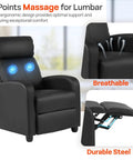 Leather Black Recliner Sofa Massage Chair With Home Theater Vibes focusing on lumbar massage and breathable material.