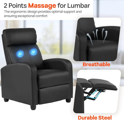 Leather Black Recliner Sofa Massage Chair With Home Theater Vibes focusing on lumbar massage and breathable material.