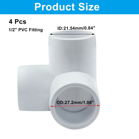 Four Pack Half Inch PVC Pipe Fittings Three Way Elbow Connector Beefy Heavy Duty Furniture Grade Corner Fittings close-up