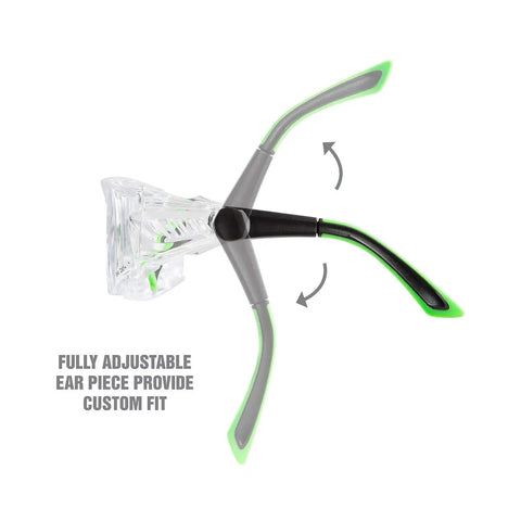 Side view of Safety Glasses With Readers Plus 3.00 Magnification showing flexible rubber earpieces for custom fit, UV and ANSI protection.