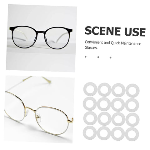 Metal Eyeglass Screw Washers Set, 200 Pcs Rimless Glasses Gaskets and Frame Tighteners displayed with classic eyewear frames