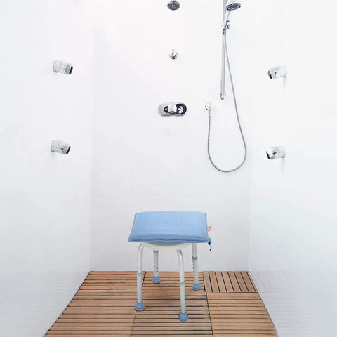 Shower Chair Cushion For Elderly And Disabled, Premium Breathable Mesh Foam Pad on shower chair, easy to clean and dries quickly.