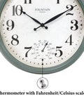 Cool Outdoor And Indoor Weather Station Clock With Thermometer Fahrenheit And Celsius Analog Two In One Wall Decor In Aged Teal Finish 13 Inch Perfect For Patio Porch Garden Kitchen Or Office Wall Mount showing close-up of thermometer in Fahrenheit and Celsius.
